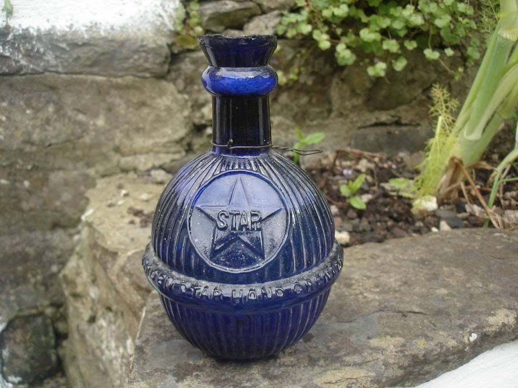 HARDEN STAR HAND GRENADE FIRE EXTINGUISHER BLUE GLASS BOTTLE